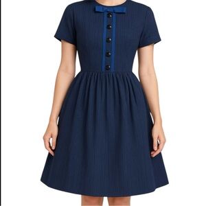 1950s Navy Blue Cotton Pique Day Dress – Fit & Flare, Button-Front & Bow Detail